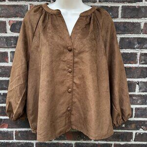 Marc New York Andrew Size M Brown Puff Sleeves Shirt Button Front Faux Suede